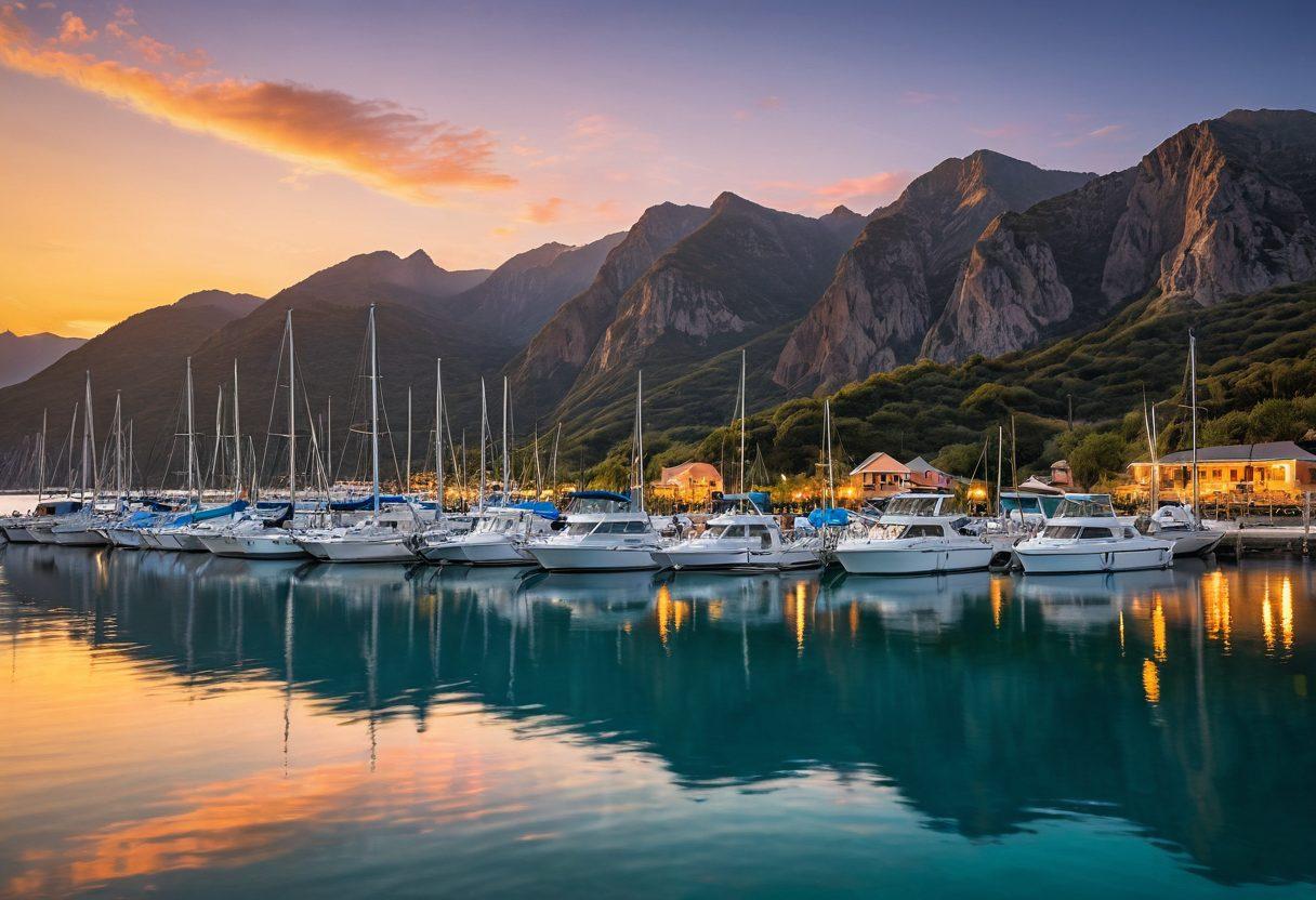 A serene marina scene showcasing various watercraft including fishing boats and sailboats, anchored in crystal-clear turquoise waters. The sun sets in the background, casting a golden glow on the water, while an insurance agent assists a joyful family by their boat, emphasizing tailored marine solutions. Lush greenery and picturesque mountains frame the horizon, creating a tranquil atmosphere. vibrant colors. super-realistic. soft-focus background.