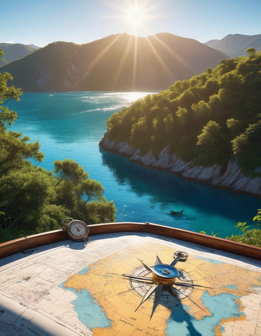 A serene boat navigating through calm blue waters under a bright sun, surrounded by distant hills and lush greenery. In the foreground, a nautical map is spread out with marked routes and symbols, reflecting adventure and exploration. The scene conveys a sense of tranquility and excitement, inviting readers to discover their next journey. Include a compass and sailing gear subtly in the background. vibrant colors. super-realistic. natural light.