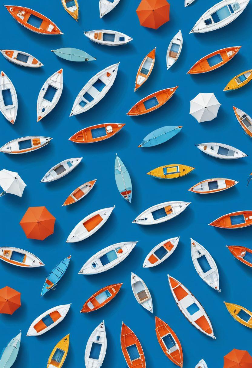 A serene marine scene depicting a variety of boats of different shapes and sizes, anchored on calm waters under a clear blue sky. Include a diverse group of people happily enjoying their water adventures, symbolizing safety and security. Overlay subtle icons of insurance coverage like umbrellas and shields floating above the boats. The image should evoke a sense of trust and optimism for boaters. super-realistic. vibrant colors. bright blue background.